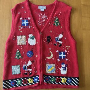 Vintage Ugly Christmas Sweater Vest XL Jennifer Moore Santa Snowman Holiday 90s
